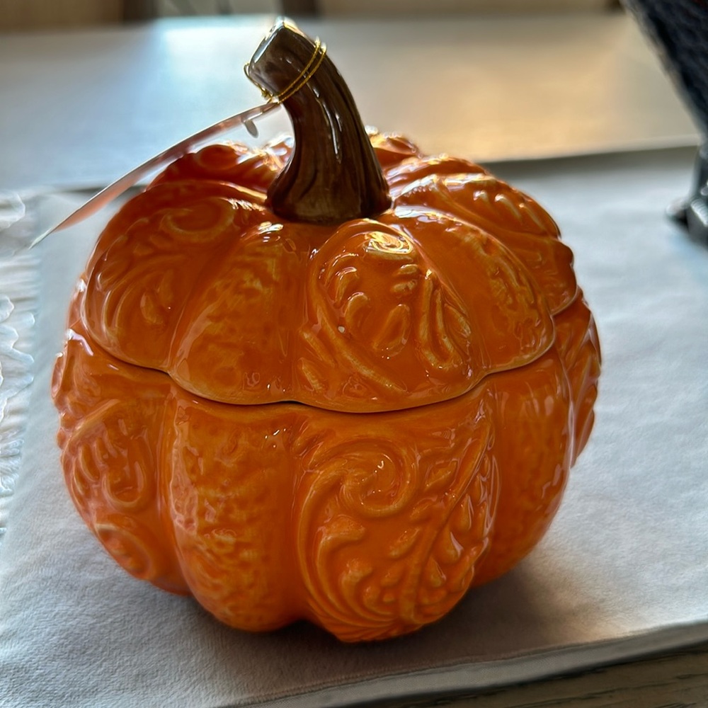 Orange ceramic pumpkin container/fall decor/Halloween decor/center piece